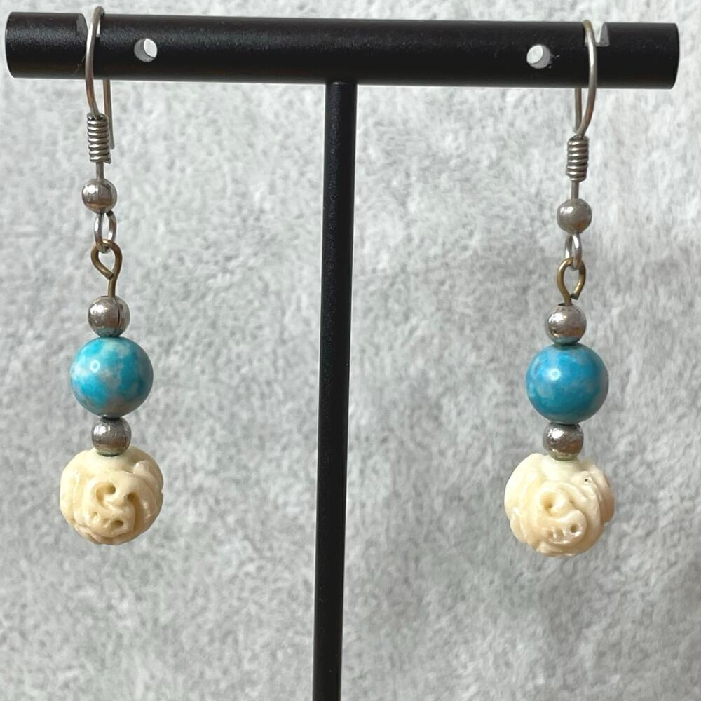 Vintage artisan drop earrings carved faux ivory blue bead